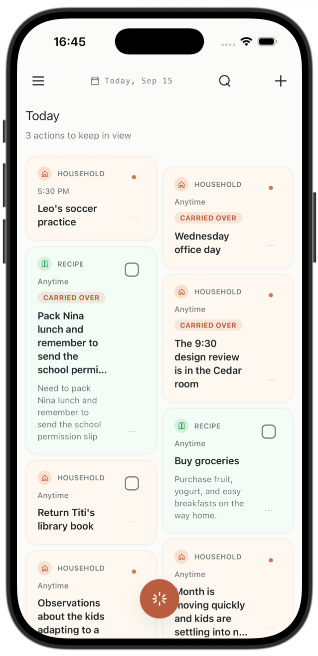 Ramble Today view on an iPhone, showing organized household actions